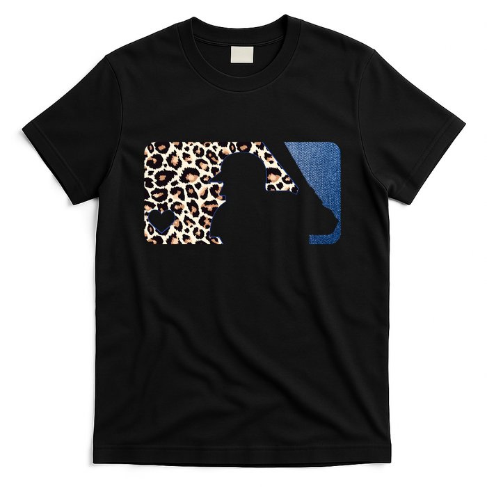 Cute Leopard Blue Jean Print Baseball Logo T-Shirt