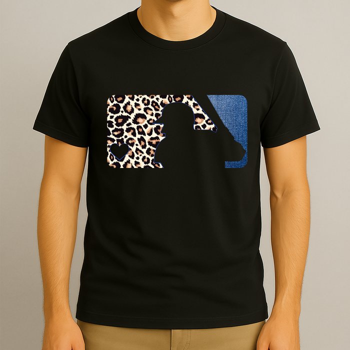 Cute Leopard Blue Jean Print Baseball Logo T-Shirt