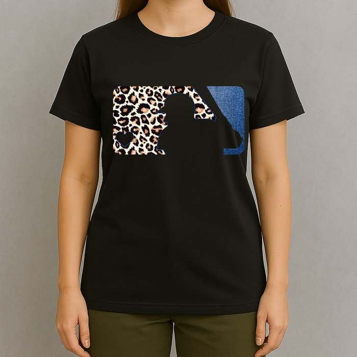 Cute Leopard Blue Jean Print Baseball Logo T-Shirt