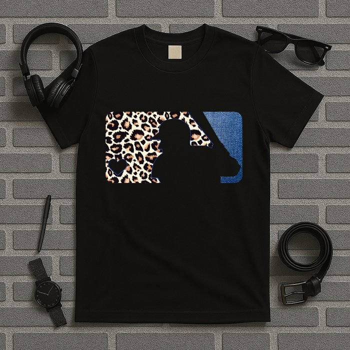 Cute Leopard Blue Jean Print Baseball Logo T-Shirt