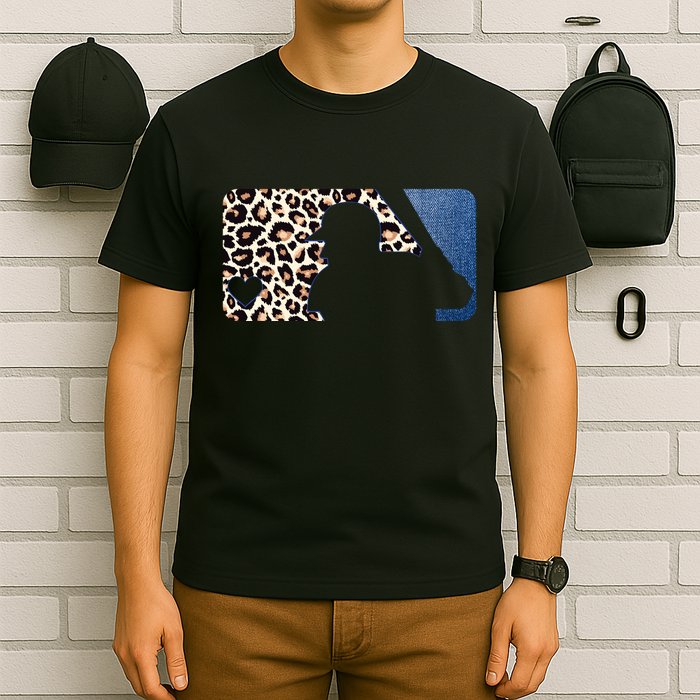 Cute Leopard Blue Jean Print Baseball Logo T-Shirt