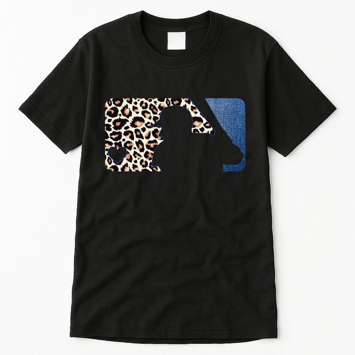 Cute Leopard Blue Jean Print Baseball Logo Tall T-Shirt