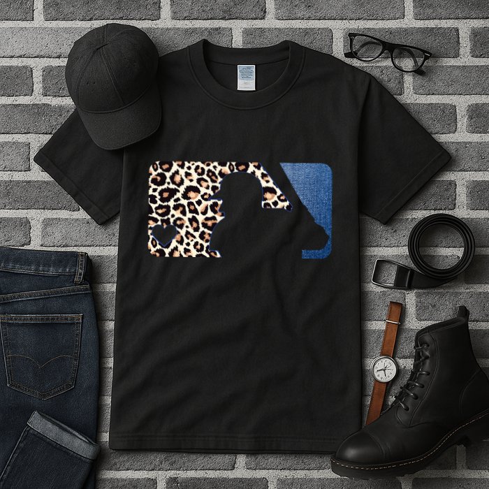 Cute Leopard Blue Jean Print Baseball Logo Tall T-Shirt