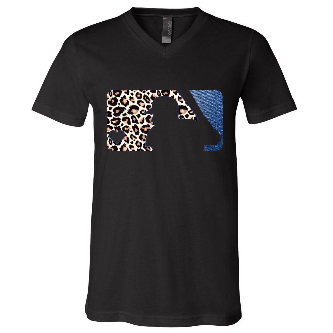 Cute Leopard Blue Jean Print Baseball Logo V-Neck T-Shirt