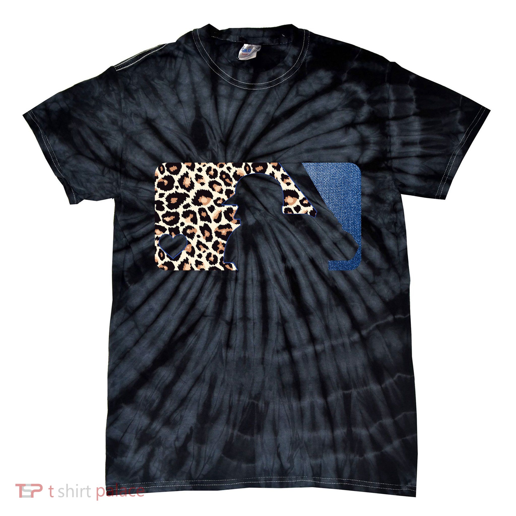Cute Leopard Blue Jean Print Baseball Logo Tie-Dye T-Shirt
