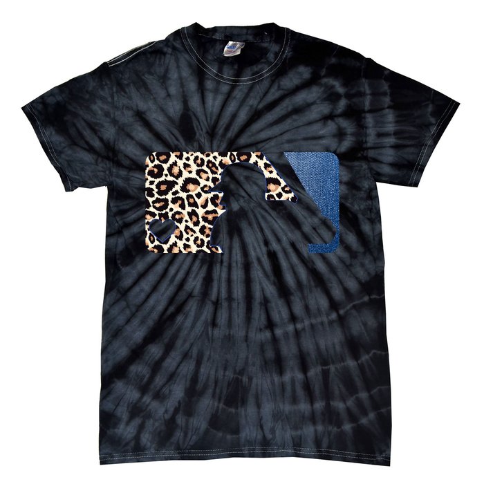Cute Leopard Blue Jean Print Baseball Logo Tie-Dye T-Shirt