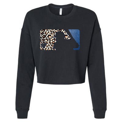 Cute Leopard Blue Jean Print Baseball Logo Cropped Pullover Crew