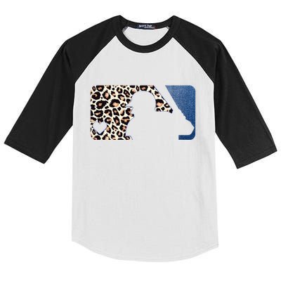 Cute Leopard Blue Jean Print Baseball Logo Kids Colorblock Raglan Jersey