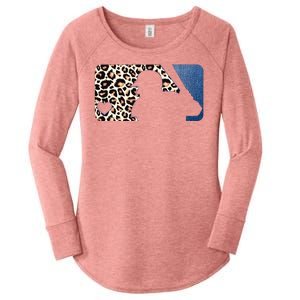 Cute Leopard Blue Jean Print Baseball Logo Women's Perfect Tri Tunic Long Sleeve Shirt