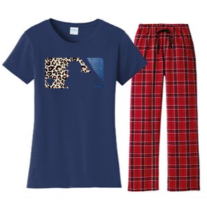 Cute Leopard Blue Jean Print Baseball Logo Women's Flannel Pajama Set