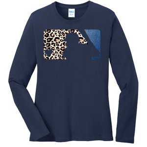 Cute Leopard Blue Jean Print Baseball Logo Ladies Long Sleeve Shirt