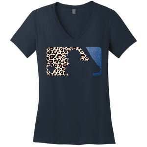 Cute Leopard Blue Jean Print Baseball Logo Women's V-Neck T-Shirt