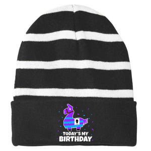 Cute Llama Birthday Party Celebration Striped Beanie with Solid Band