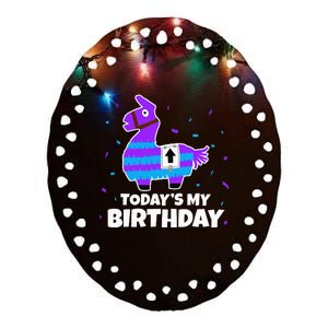 Cute Llama Birthday Party Celebration Ceramic Oval Ornament