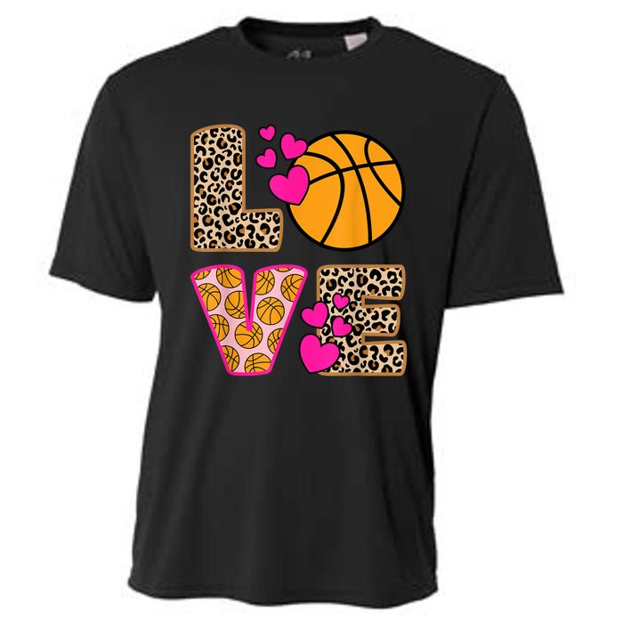 Cute Love Basketball Leopard Print Women Girls Basketball Cooling Performance Crew T-Shirt