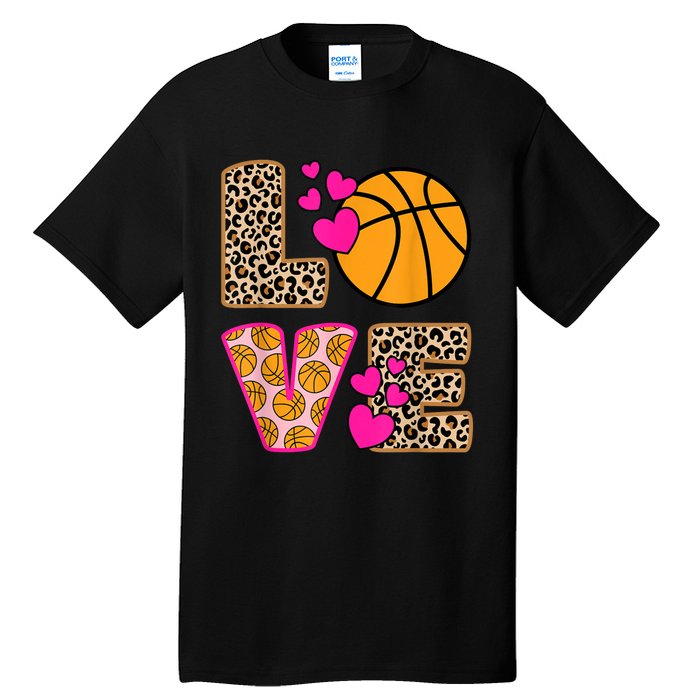 Cute Love Basketball Leopard Print Women Girls Basketball Tall T-Shirt