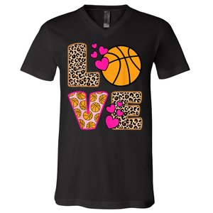 Cute Love Basketball Leopard Print Women Girls Basketball V-Neck T-Shirt