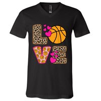 Cute Love Basketball Leopard Print Women Girls Basketball V-Neck T-Shirt