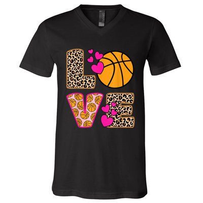 Cute Love Basketball Leopard Print Women Girls Basketball V-Neck T-Shirt