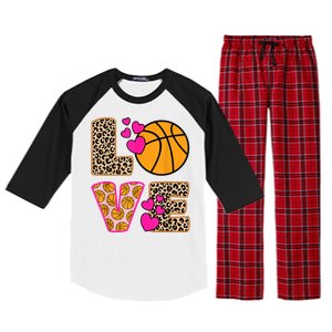 Cute Love Basketball Leopard Print Women Girls Basketball Raglan Sleeve Pajama Set