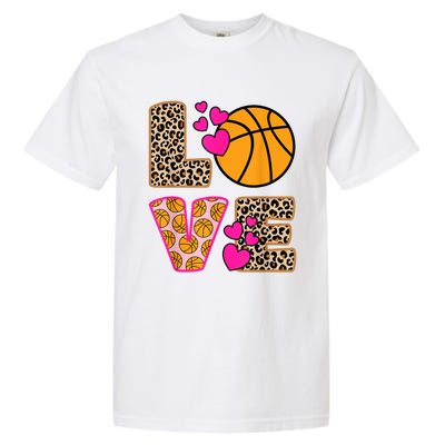 Cute Love Basketball Leopard Print Women Girls Basketball Garment-Dyed Heavyweight T-Shirt