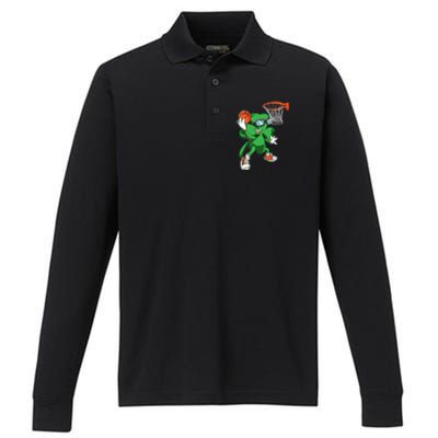 Clover Leprechaun Basketball Dunk St Patricks Day Sport Cool Gift Performance Long Sleeve Polo