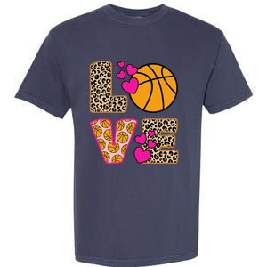 Cute Love Basketball Leopard Print Women Girl Basketball Garment-Dyed Heavyweight T-Shirt