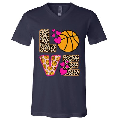 Cute Love Basketball Leopard Print Women Girl Basketball V-Neck T-Shirt