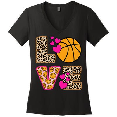 Cute Love Basketball Leopard Print Women Basketball Women's V-Neck T-Shirt