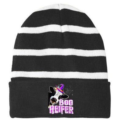 Cow Lover Boo Heifer Funny Halloween Farmer Gift Striped Beanie with Solid Band