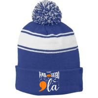 Comma La Boo Ghost Kamala Harris Halloween 2024 Stripe Pom Pom Beanie