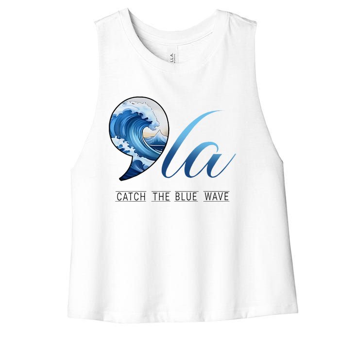 Comma La Catch The Blue Wave Vote Kamala President 24 Harris Women's Racerback Cropped Tank