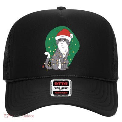 Christmas Lights Cute Cat High Crown Mesh Back Trucker Hat