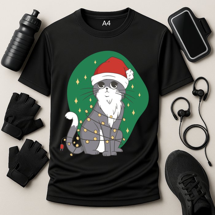Christmas Lights Cute Cat Cooling Performance Crew T-Shirt