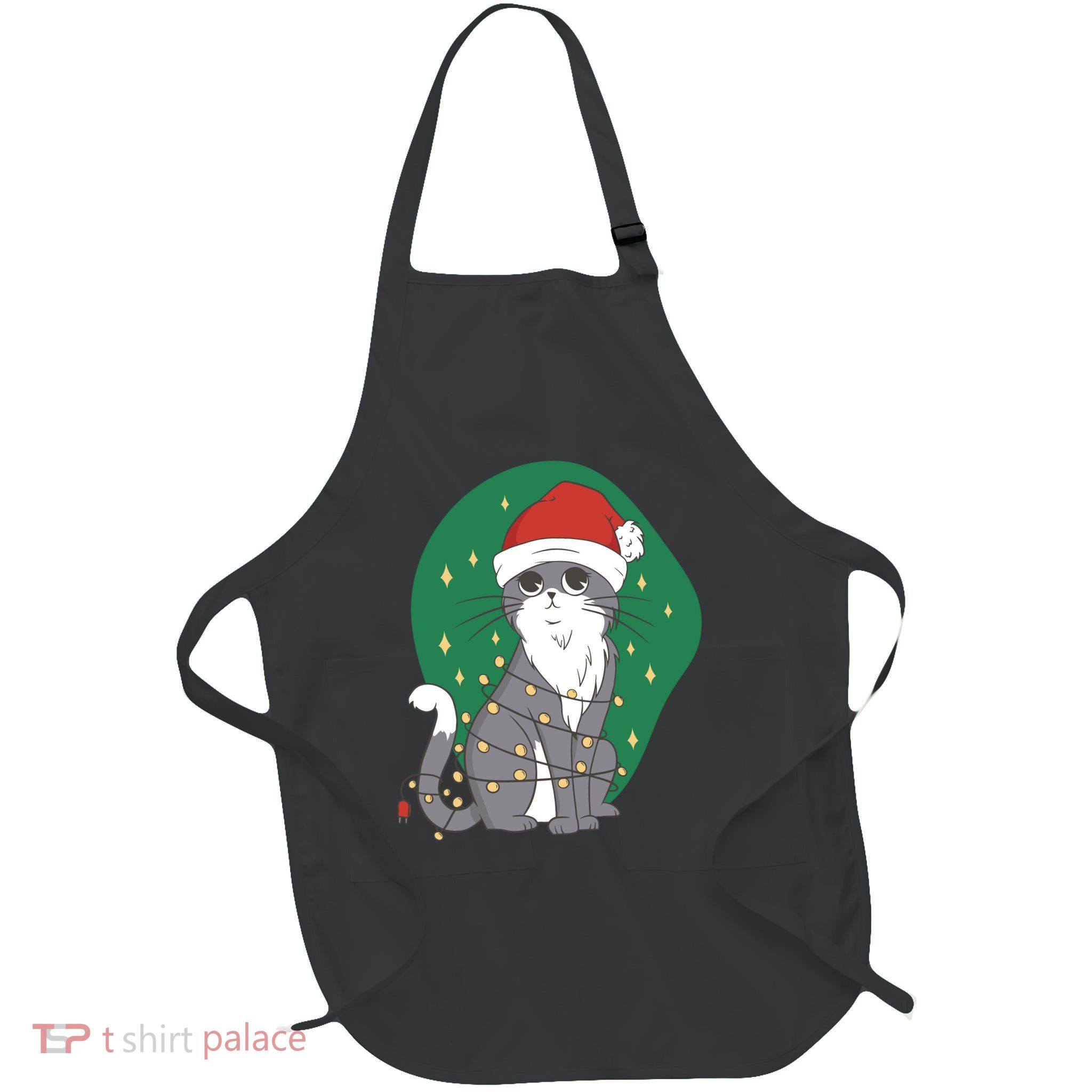 Christmas Lights Cute Cat Full-Length Apron With Pockets