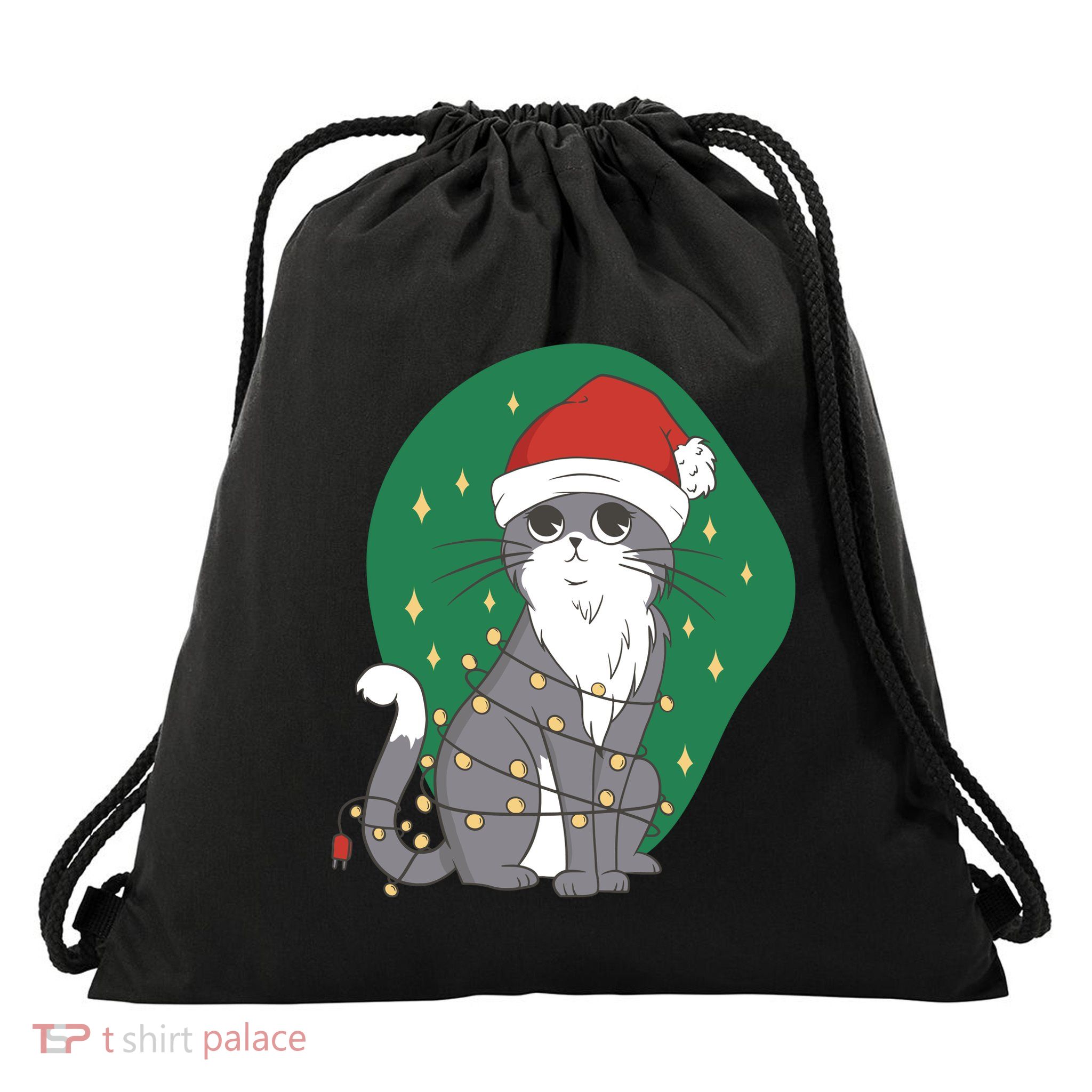 Christmas Lights Cute Cat Drawstring Bag