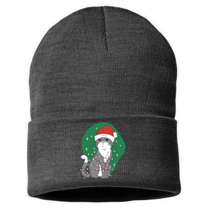 Christmas Lights Cute Cat Sustainable Knit Beanie