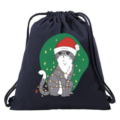 Christmas Lights Cute Cat Drawstring Bag