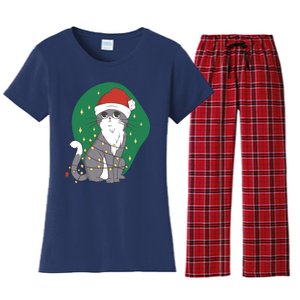 Christmas Lights Cute Cat Women's Flannel Pajama Set