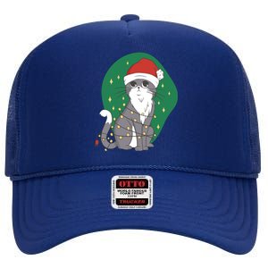 Christmas Lights Cute Cat High Crown Mesh Back Trucker Hat