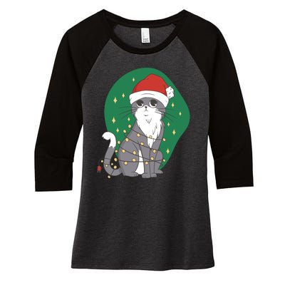 Christmas Lights Cute Cat Women's Tri-Blend 3/4-Sleeve Raglan Shirt