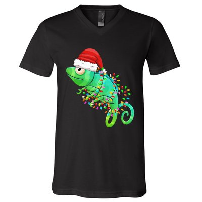 Christmas Lights Chameleon Wearing Xmas Hat Chameleon Lover V-Neck T-Shirt