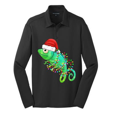 Christmas Lights Chameleon Wearing Xmas Hat Chameleon Lover Silk Touch Performance Long Sleeve Polo