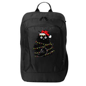 Christmas Lights Cat Black Fluffy Funny Santa Hat Cat City Backpack