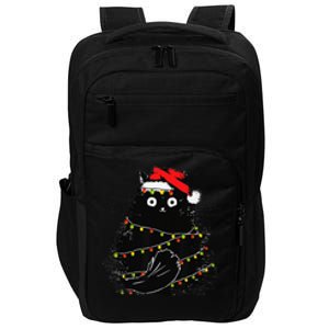 Christmas Lights Cat Black Fluffy Funny Santa Hat Cat Impact Tech Backpack