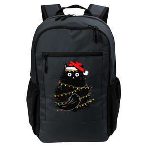 Christmas Lights Cat Black Fluffy Funny Santa Hat Cat Daily Commute Backpack