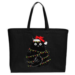 Christmas Lights Cat Black Fluffy Funny Santa Hat Cat Cotton Canvas Jumbo Tote