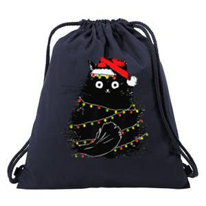 Christmas Lights Cat Black Fluffy Funny Santa Hat Cat Drawstring Bag