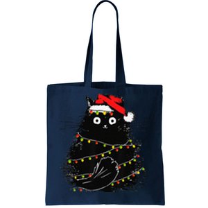 Christmas Lights Cat Black Fluffy Funny Santa Hat Cat Tote Bag