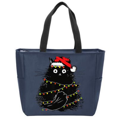 Christmas Lights Cat Black Fluffy Funny Santa Hat Cat Zip Tote Bag